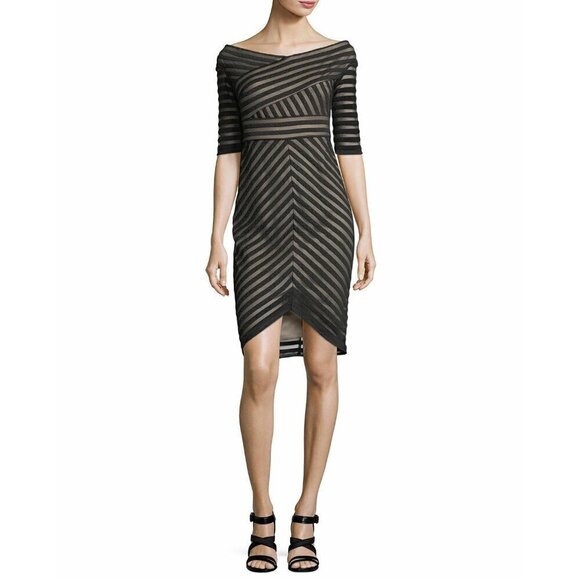 Jax Black Label Sz 8 Off-the-Shoulder Illusion Stripe Sheath Dress Black M Tulip - Picture 3 of 7
